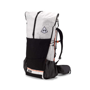 Unbound 55 backpack in white, with stretch outer pocket and hipbelt and harness Unbound 55 backpack in white, with stretch outer pocket and hipbelt and harness