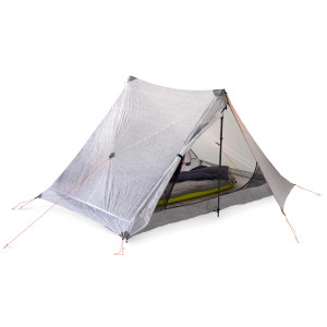 A two person tent with ultralight white material, the door and vestibule are open to show the trekking pole support and the comfortable camp set up inside. A two person tent with ultralight white material, the door and vestibule are open to show the trekking pole support and the comfortable camp set up inside.