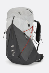 Front view of the Muon pack showing white and graphene fabric with a grid ripstop, red compression webbing, clean and attractive pack. Front view of the Muon pack showing white and graphene fabric with a grid ripstop, red compression webbing, clean and attractive pack.