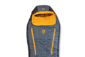 Top down view showing the top half of the sleeping bag including the hood and blanket fold. Top down view showing the top half of the sleeping bag including the hood and blanket fold.