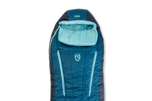 Top down view showing the top half of the sleeping bag including the hood and blanket fold. Top down view showing the top half of the sleeping bag including the hood and blanket fold.