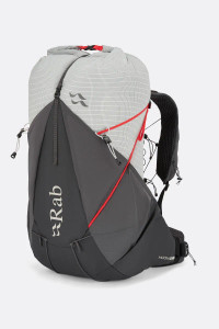 Front view of the Muon pack showing ultra durable pack fabric and exterior gear and drink pockets. Front view of the Muon pack showing ultra durable pack fabric and exterior gear and drink pockets.