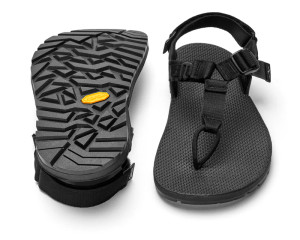 A side by side view of the top and bottom of the sandals showing the aggressive Vibram sole and simple webbed upper. A side by side view of the top and bottom of the sandals showing the aggressive Vibram sole and simple webbed upper.