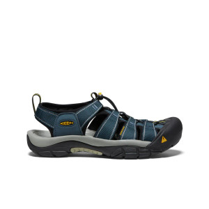Profile view of the Keen Newport H2 Sandal showing blue straps and classic toe bumper. Profile view of the Keen Newport H2 Sandal showing blue straps and classic toe bumper.