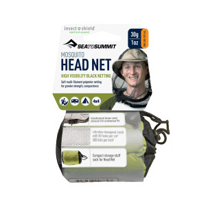 Image shows the packaged mosquito head net featuring an image of a person wearing the head net over a wide brimmed hat Image shows the packaged mosquito head net featuring an image of a person wearing the head net over a wide brimmed hat