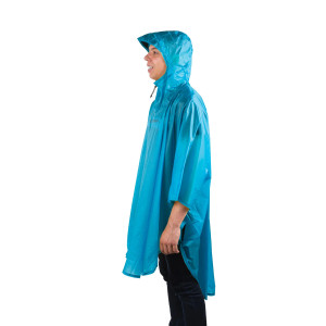 Side view of blue poncho showing the hood and body coverage Side view of blue poncho showing the hood and body coverage