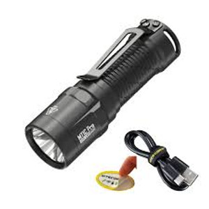 Shows the nitecore flashlight with it's charging cable and sticker. Shows the nitecore flashlight with it's charging cable and sticker.