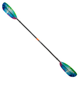 Shows the full paddle. Bright northern light colors on each of the paddles. The shaft is carbon and has a black checkered design.