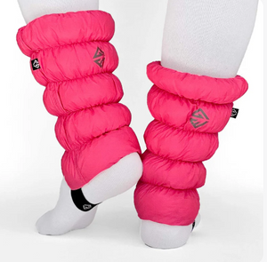 Pink colorway of the Gaiters. Gaiters are shown from the back of the leg. They have a lofted appearance with the Gear Envie logo on the back.