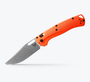 Image of the Taggedout fully extended. Shows off orange handle and CPM S30v Steel