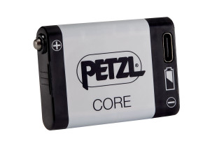 Image showing the rechargeable battery from Petzl. Can see the USB-C port and the brand logo.