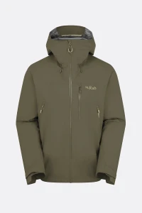 Front view of the Men's Downpour Mountain rain jacket in the army color.