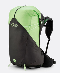 Image of the green variant of the pack. Here we see the packs roll top design and large front pocket meant for easy access.