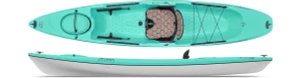 Image of the teal Delta from the top and the side. Shows off the sit-on-top kayak features and the fusion hull.