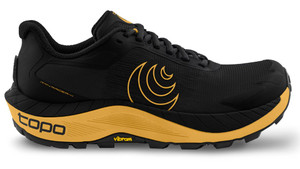 Side profile of the MTN Racer 4. Shows off the black and orange color scheme and the high stack midsole.