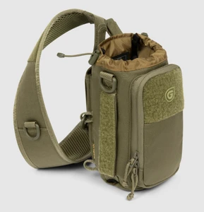 Olive colorway of the Grayl transport sling. Here we see multiple pockets and g-mod accessory points. Bottle goes directly in the top of the sling.