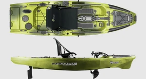 Front and side image of the Slayer Propel Max 10 in the Gator Green colorway. Shows off the swivel seat chair and the many attachment points. Also shows off the propel drive.