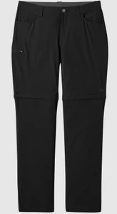 Convertible pants in black from the front. Shows off stretchy and breathable fabric, as well as the zipoff point for converting into shorts.