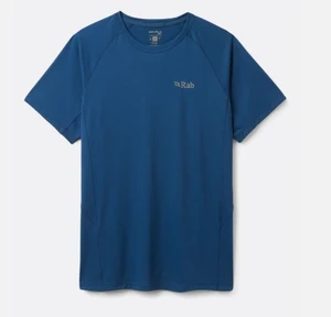 tee showing dryflow material in dark blue, with rab logo on left chest.