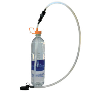 The product is a orange cap with a straw going into the water bottle and a hose coming out with a bite valve on the end. The hose is a clear transparent plastic.