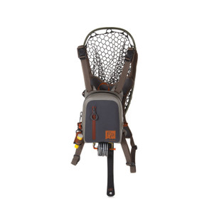 bag with its straps shown with fish net, spool holder, and flotant attached (accessories not included)