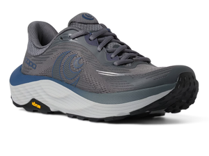 Profile of the Ultraventure 5 showcases it's 35mm Zipfoam stack height for premium cushion and comfort. Shown in the grey and blue colorway.