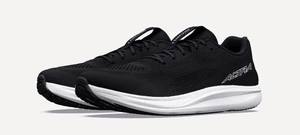 Profile view of the pair of Escalante 5 shoes with white midsoles and black soft knit upper with a pull tag for easy slip on comfort.