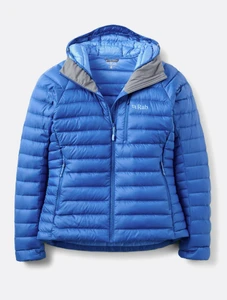 Bluebird colorway of the microlight. a lighter blue fabric lines the inside. Shows off lightweight design and simple baffle design