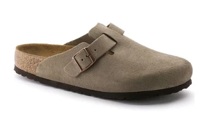 The classic Birkenstock Boston soft footbed shown in Taube with clog style and over arch buckle.