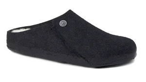 Right profile of the anthracite/black slip on Birkenstock Zermatt Shearling slipper with wool upper.