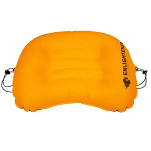 Shows pillow fully inflated with ergonomic shape and elastic band to go around a sleeping bag and keep the pillow in place