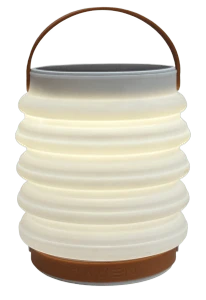 Shows compressible lantern, fully extended with a white light, flashlight on bottom, solar panels on top and carrying handle