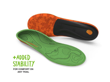 One insole face up showing the green topo footbed and one insole bottom facing out showing the layers of foam and heel cup intricacies.