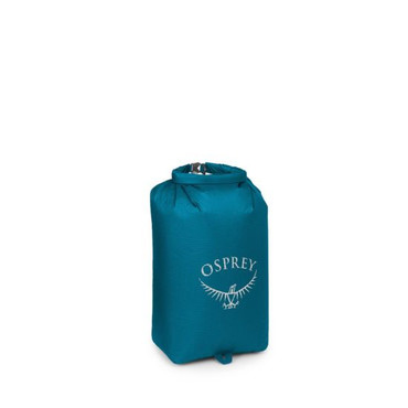 The ultralight roll top dry bag with the top rolled down and the body stuffed to show size. Image shown in 20 liter size in blue.