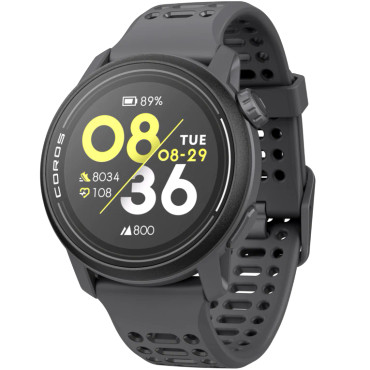 A slotted black silicone watch bad with a medium sized watch face showcasing time, date, elevation, and heart rate.