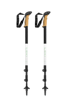 The 3 part collapsible trekking poles with a cork grip shown collapsed.