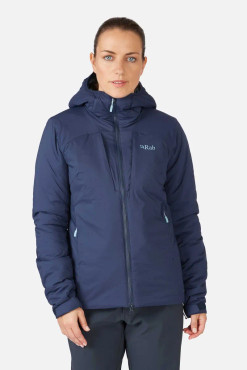 Full zip insulated jacket on a female model, blue, with chest zips front view.