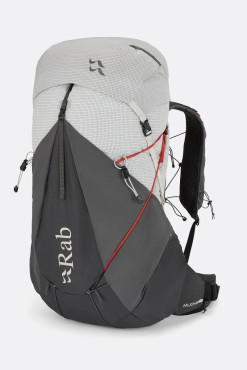 Front view of the Muon pack showing white and graphene fabric with a grid ripstop, red compression webbing, clean and attractive pack.