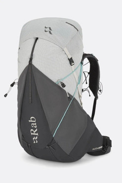 Front view of the Muon pack showing white and graphene fabric with a grid ripstop, light blue compression webbing, clean and attractive pack. Front view of the Muon pack showing white and graphene fabric with a grid ripstop, light blue compression webbing, clean and attractive pack.