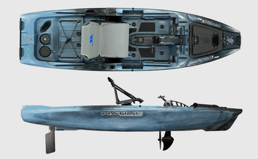 An overhead and profile view of the /titan X shows both plethora of features and overall size of the kayak. Profile view shows depth of propel unit and drop down skeg.
