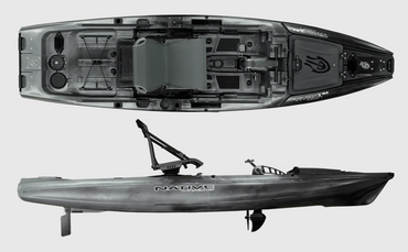 An overhead and profile view of the titan X shows both plethora of features and overall size of the kayak. Profile view shows depth of propel unit and drop down skeg.