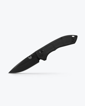 All black handle and blade, this folding knife is shown deployed with sleek titanium handle and sharp drop point blade.