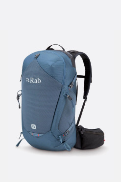 Orion blue color backpack with large stretchy mesh front pocket.