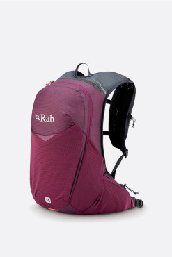 Mulberry color backpack with large stretchy mesh front pocket.