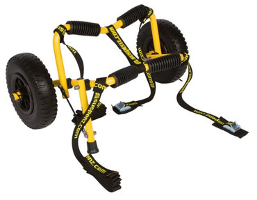 Image of the SK cart. Boasts a manageable size and a 1-1/2" V. Shows the straps and airless tires off. Cart is yellow and black.