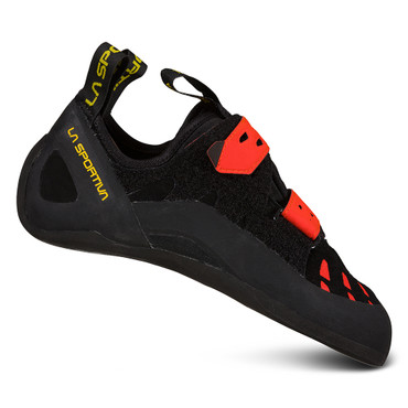 Side view of the tarantula shoes. Shows off slight asymmetry. Main shoe is black with red straps. Yellow La Sportiva branding on the shoe at the back.