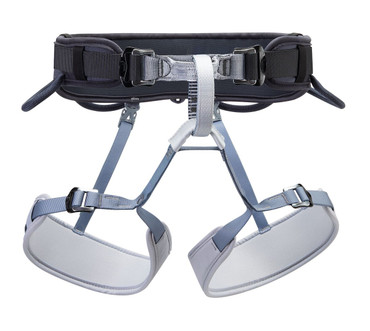 Front view of the Grey model of the Corax. The padding around the hip is black while the leg loops and the belay strap are grey. Front view of the Grey model of the Corax. The padding around the hip is black while the leg loops and the belay strap are grey.