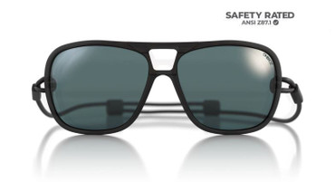 image shows sunglasses with cord instead of typical arms. The frame is charcoal with a grey lens tint.