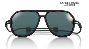 image shows sunglasses with cord instead of typical arms. The frame is charcoal with a grey lens tint.