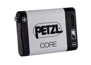 Image showing the rechargeable battery from Petzl. Can see the USB-C port and the brand logo.
